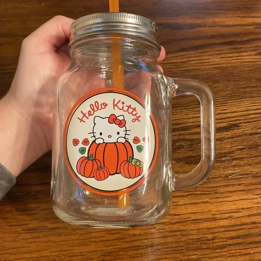 Sanrio Hello Kitty Fall Pumpkin Glass Mason Jar Mug Lid & Straw NWT